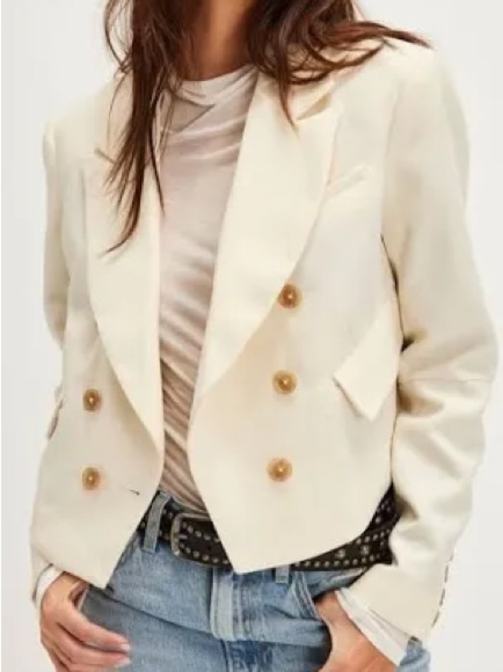 Free People Cream Cropped Double-Breasted Blazer